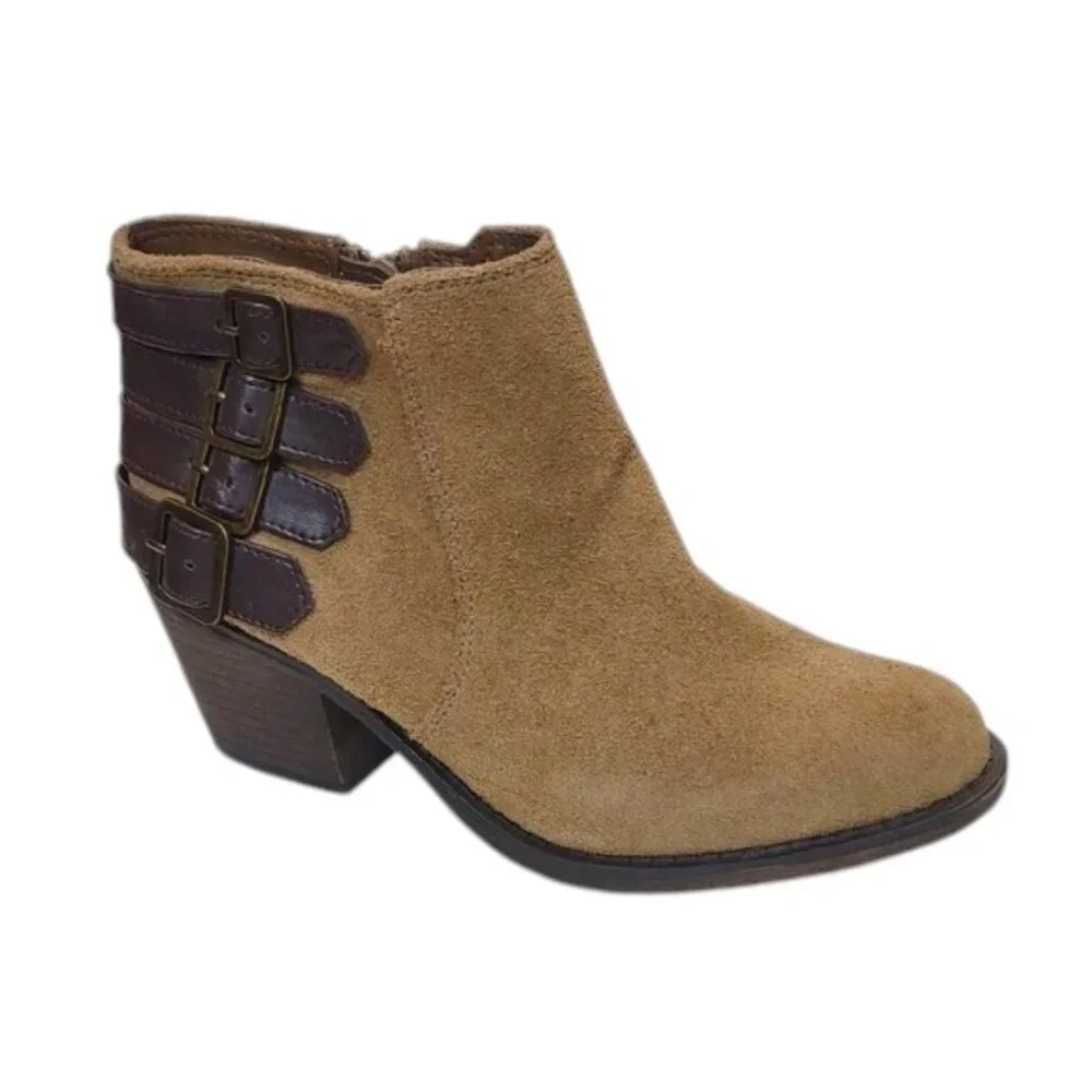 Crown Vintage Women's Joie Tan Suede Side Zip Strap/Buckle Detail Ankle Boots